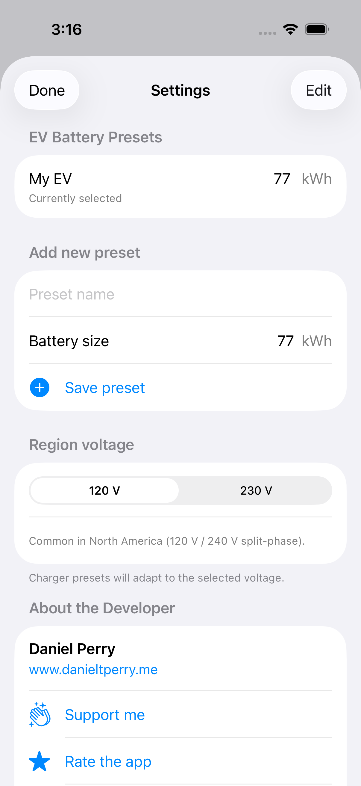 EV Charge Calculator settings showing vehicle presets and region voltage.