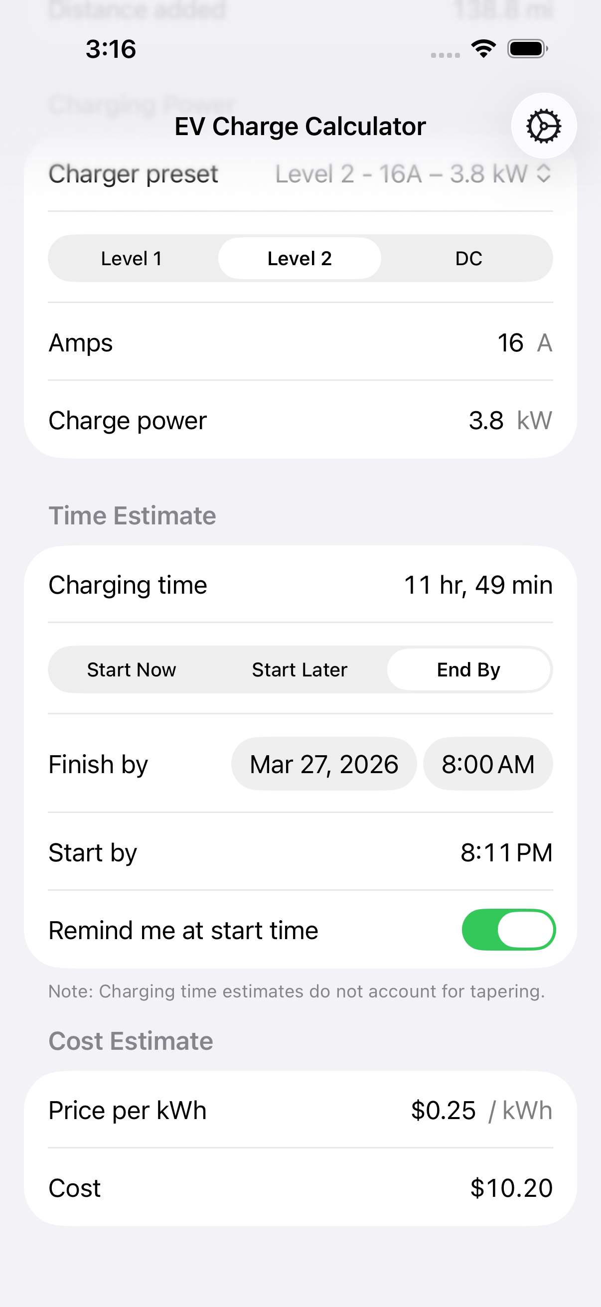 EV Charge Calculator showing schedule and cost estimate options.